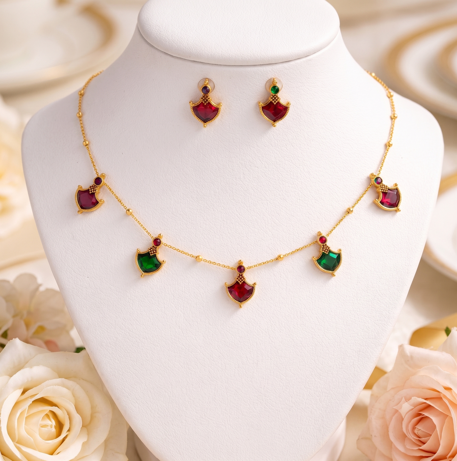 Women's Elegant Multicolor Stone Necklace Set with Matching Stud Earrings | Gold Plated Minimalist Daily Wear Jewelry