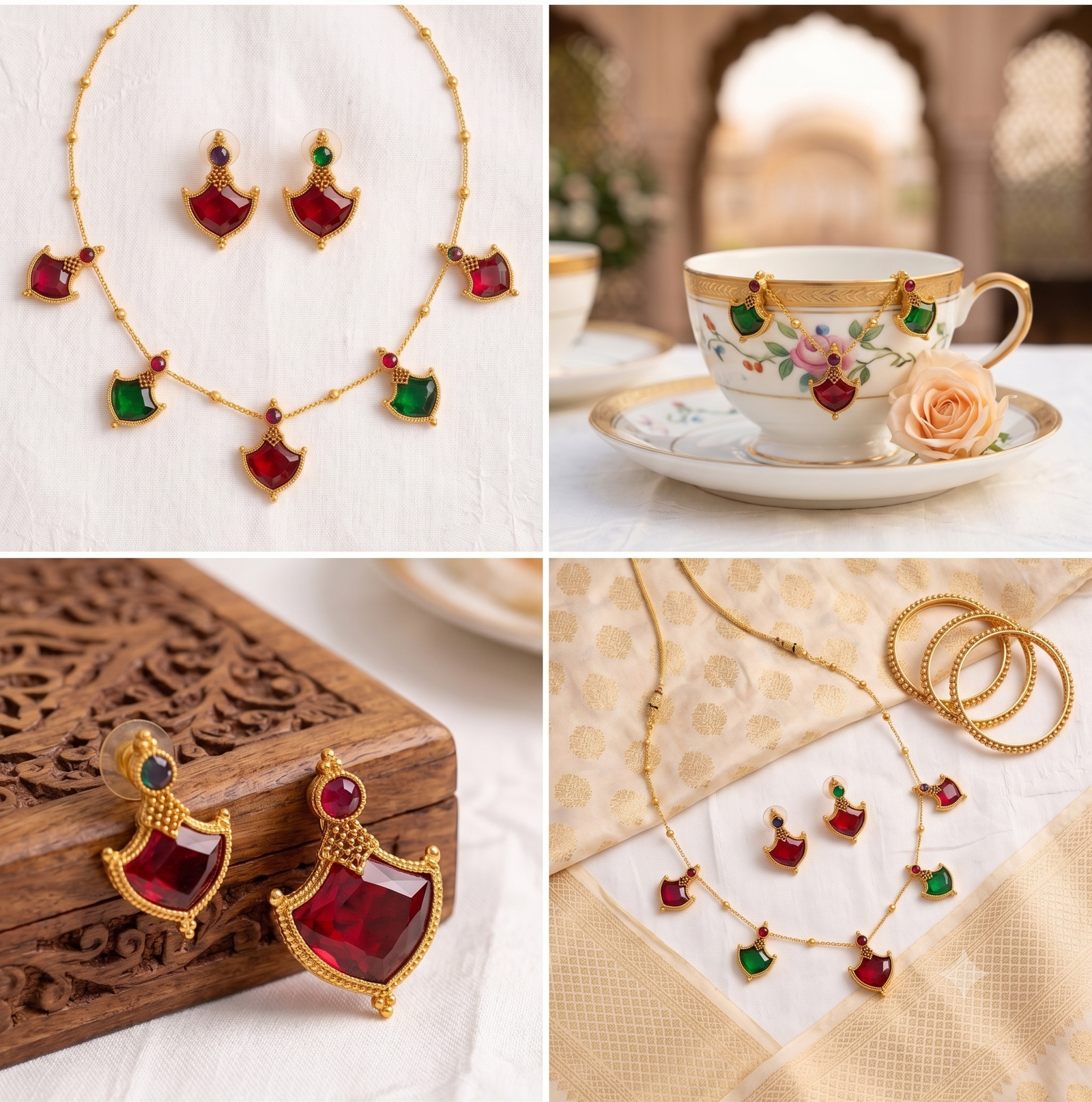 Women's Elegant Multicolor Stone Necklace Set with Matching Stud Earrings | Gold Plated Minimalist Daily Wear Jewelry